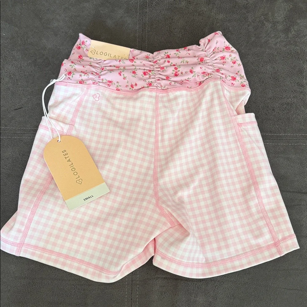 NWT Blogilates Women's Ruched Waist Bike Shorts & Top - Pink Gingham S - Picture 5 of 13